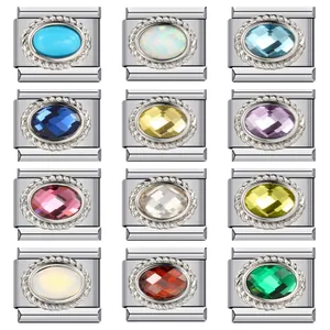Eslabón de Amuleto Italiano de Acero Inoxidable Piedra de Nacimiento Para Pulsera Modular DIY Joyería Incrustada de Circonia Para Mujer Regalo de Moda