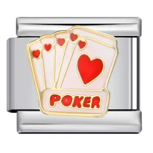 Maillon de breloque italienne en acier inoxydable avec motif de poker cœur rouge