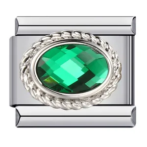 Eslabón de charm italiano en acero inoxidable con circonita verde óvalo y borde de cuerda