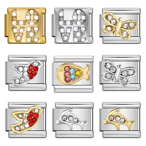 Détails des modules de bracelet italien avec motifs papillon et dauphin en strass