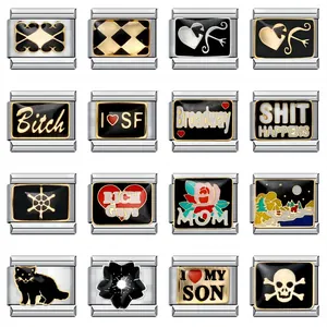 Link per Bracciale Italian Charm in Acciaio Inossidabile Smaltato Nero Oro Fai da Te Accessori per Gioielli da Donna Uomo Regalo