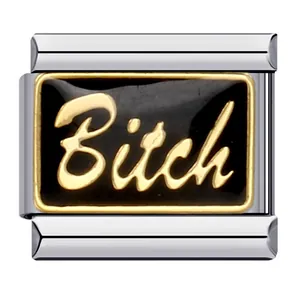 Ciondolo modulare italiano personalizzato in smalto nero e oro con scritta Bitch
