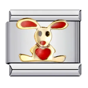 Italian charm link in stainless steel featuring a cute red enamel rabbit with heart
