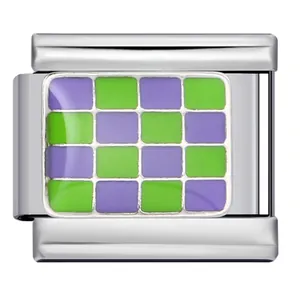 Maillon de bracelet italien en acier inoxydable avec motif damier vert et violet vibrant