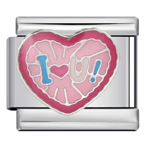 Détail d'un maillon de bracelet italien en acier inoxydable avec cœur 'I Love U'