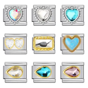 Maglie Charm Italiane in Acciaio Inossidabile per Bracciale Modulare Fai-da-te Strass Smalto Cuore Ciondolo a Goccia d'Acqua Accessorio per Gioielli