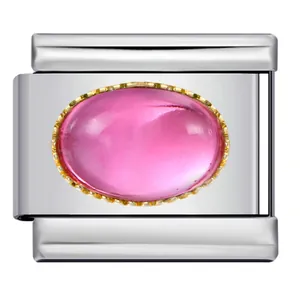 Italian charm link with pink oval gemstone and gold-rimmed stainless steel base