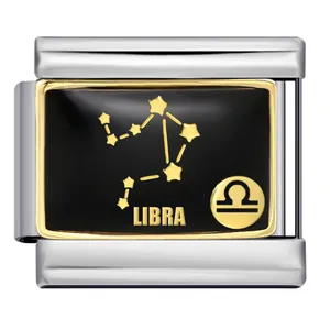 Λεπτομερής άποψη του χρυσού ζωδίου Ζυγός για ιταλικό αρθρωτό βραχιόλι από ατσάλι.