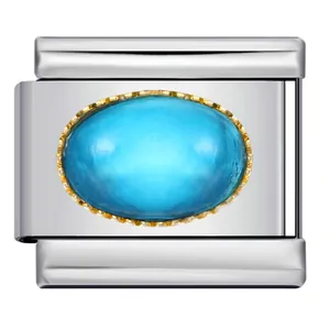 Italian modular charm bracelet link featuring an oval turquoise blue stone and gold-toned frame.
