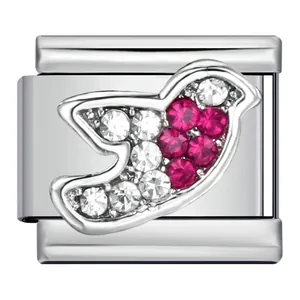 Maillon de bracelet italien avec un motif d'oiseau et des cristaux roses et clairs