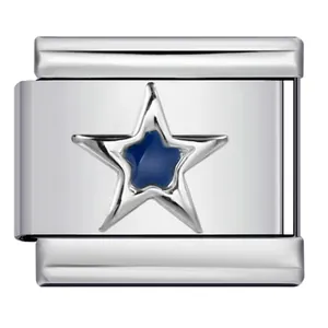 Detail view of a polished stainless steel star charm link for modular DIY bracelets