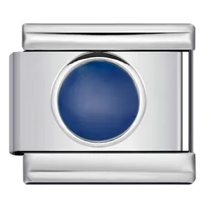 Macro view of a stainless steel Italian charm bracelet link with blue circular inlay