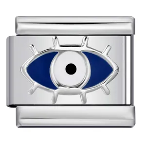 Italian charm modular link made of stainless steel with blue evil eye enamel design