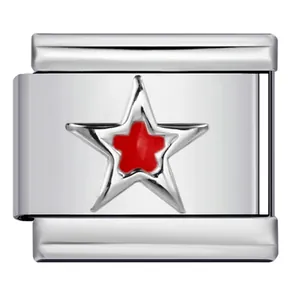 Polished stainless steel Italian modular charm link with a red enamel star design