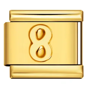 Charm a maglia modulare italiana in acciaio dorato con numero 8 in rilievo per bracciali DIY