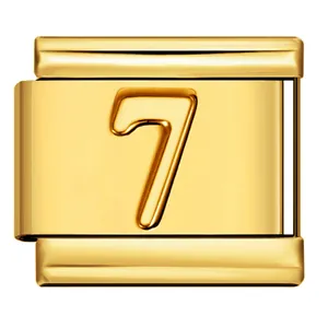 Charm modulare italiano in acciaio inossidabile dorato con design numero 7 in rilievo
