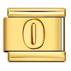 Link charm italiano in acciaio dorato con numero 0 in rilievo per bracciale modulare DIY