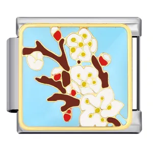 Charme modulaire italien pour bracelet avec branche de cerisier sur émail bleu clair