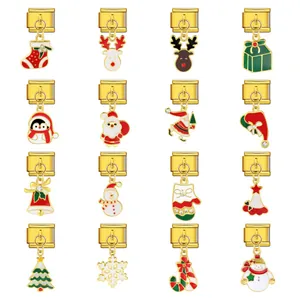 Link Charm Italiano di Natale in Acciaio Inossidabile Base Oro Babbo Natale Renna Smalto Fai da Te Bracciale Modulare Gioielli