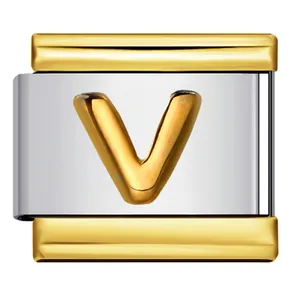 Maglia per bracciale modulare italiano in oro e argento con lettera V in rilievo