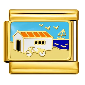 Gold-plated Italian charm link with beach house and sea scenery design