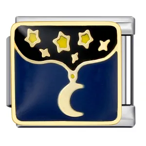 Charm modulaire italien avec étoiles jaunes et croissant de lune sur émail bleu
