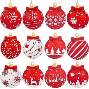 Detailed view of twelve assorted wooden Christmas ball ornaments with festive patterns