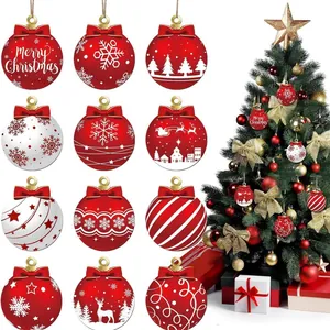 Assorted set of 12 festive red and white wooden ornaments for Christmas tree decoration.