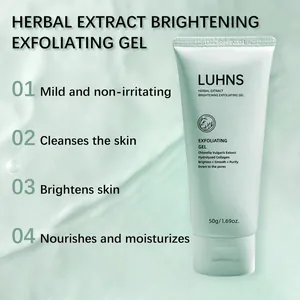 Detailansicht des Luhns Kräuterextrakt-Peeling-Gels mit den vier Hauptvorteilen für die Haut.