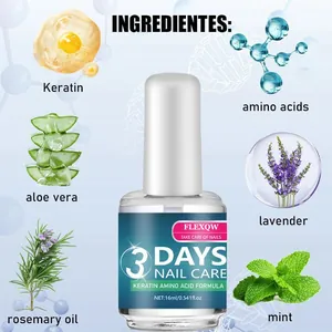Detail of FLEXQW 3 Days Nail Care liquid showing ingredients like Keratin and Aloe Vera