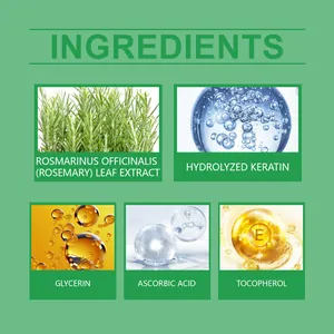 Ingrediënten van natuurlijke rozemarijnshampoo met kruidenextracten en vitaminen.