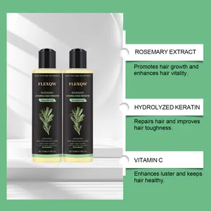 Detailweergave van rozemarijnshampoo met ingrediënten als keratine en vitamine C