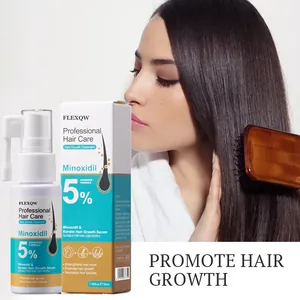 Détail du sérum de croissance capillaire au minoxidil 5 % avec modèle se brossant les cheveux