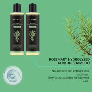 Detail van rozemarijn keratine shampoo met kruidenextract en vloeibare textuur