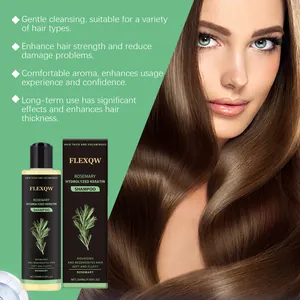 Detail van rozemarijn en keratine shampoo met illustratie van gezond lang haar