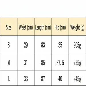 Maattabel voor zeer elastische, sneldrogende fitness legging met afmetingen