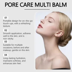 Detail view of moisturizing balm benefits with model showing smooth skin texture.