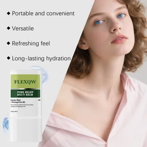 Detail showing FLEXQW Pore Relief Multi Balm with hydrating features and model.