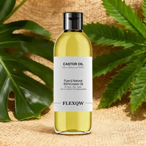 Vue détaillée d'un flacon d'huile de ricin 100% pure pour le soin du visage et cheveux