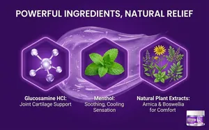 Details of body massage gel ingredients like Glucosamine and Menthol for joint relief