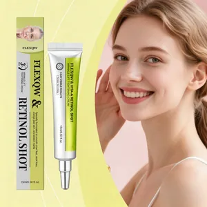 Detail view of FLEXQW Retinol Shot eye cream tube and packaging box for wrinkle lifting.