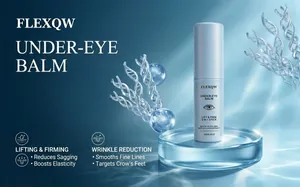 Close-up of FLEXQW under-eye balm stick highlighting lifting and firming skin benefits