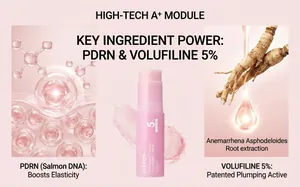 Infographic of collagen balm stick showing PDRN and 5% Volufiline ingredients