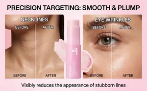 Close-up view of pink collagen balm stick showing before and after skin firming results