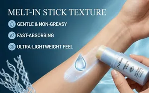 Macro detail showing the melt-in texture application of under-eye balm stick on skin