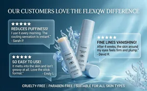 Detailed view of the cooling eye balm stick with glowing customer testimonials
