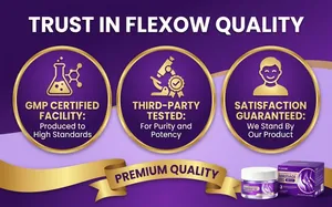 Trust features for FLEXOW massage gel including GMP certification and quality icons.