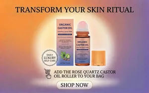 Makrodetail von Bio-Rizinusöl mit Rosenquarz-Roller und luxuriöser Verpackung.