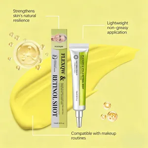 Detail view of Retinol eye cream tube and packaging with smooth yellow cream texture