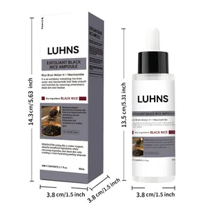 Λεπτομερής προβολή του ορού LUHNS Exfoliant Black Rice Ampoule και συσκευασίας με μεγέθη.